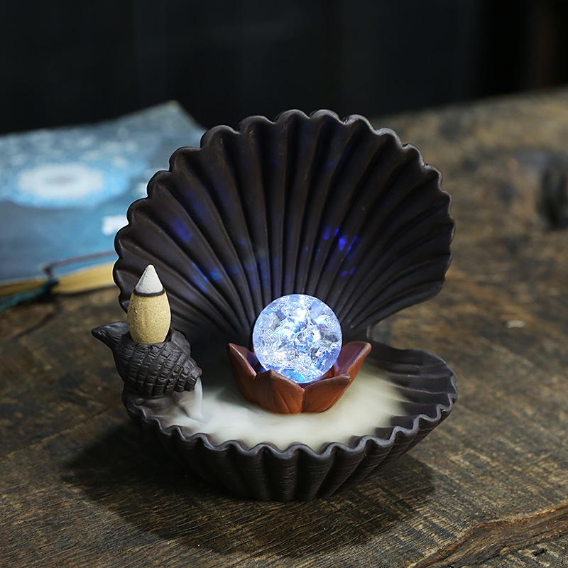 Seashell Ceramic Backflow Incense Burner With LED Light Ball