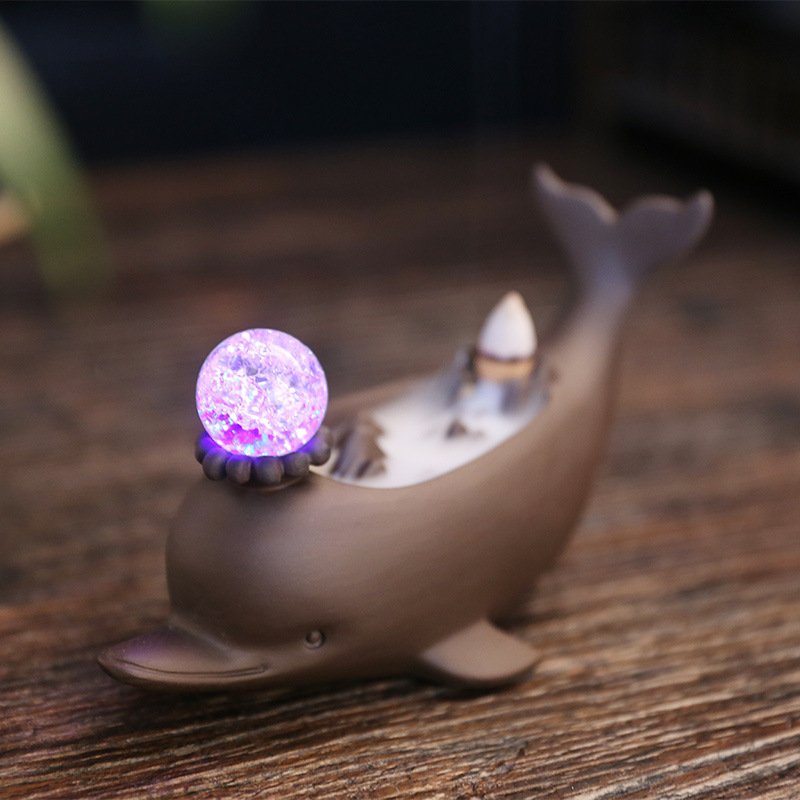 Cute Dolphin Ceramic Waterfall Incense Burner With LED Light Ball