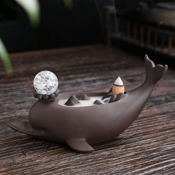 Cute Dolphin Ceramic Waterfall Incense Burner With LED Light Ball
