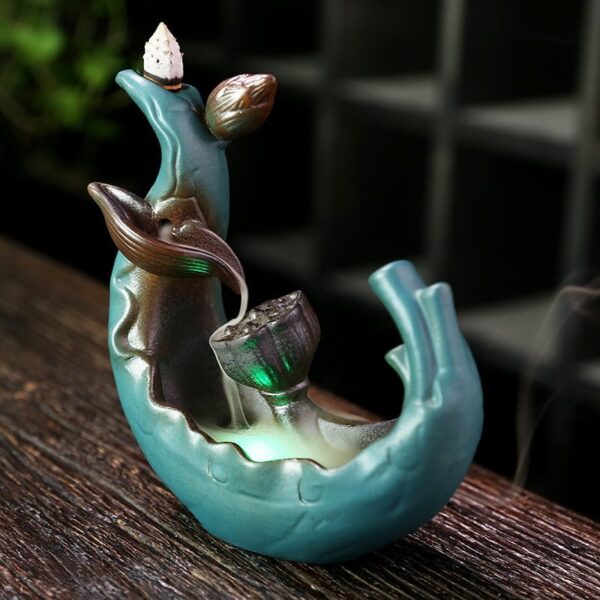 Lotus Leaf Backflow Incense Burner LED Light Ceramic Backflow Incense Burner