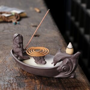 Mermaid Dolphin Boat Ceramic Waterfall Incense Holder