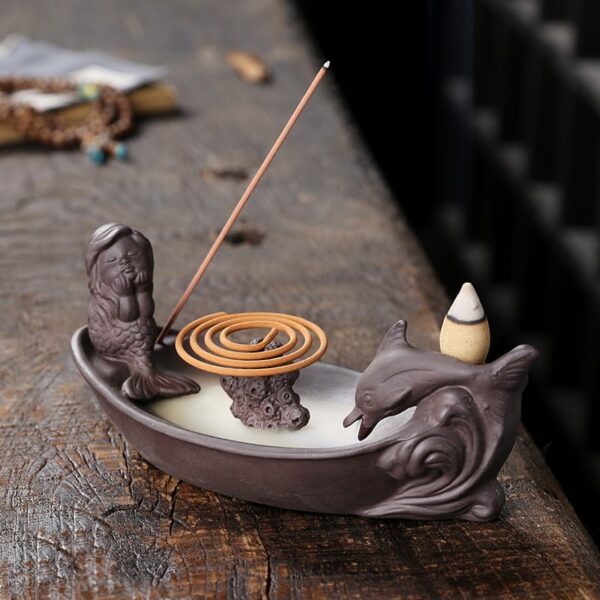 Mermaid Dolphin Boat Ceramic Waterfall Incense Holder