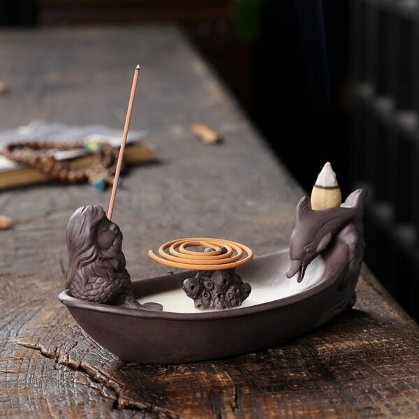 Mermaid Dolphin Boat Ceramic Waterfall Incense Holder