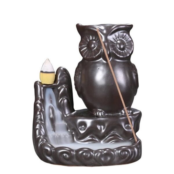 Owl Ceramic Fountain Waterfall Incense Holder