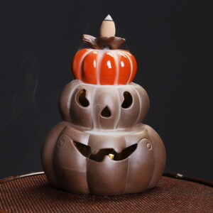 Halloween Smoke Fall Fountain Pumpkin Led Lamp Ceramic Incense Burner Holder