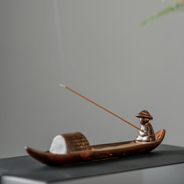 Vintage Boat Old Man Fishing Ceramic Thread Incense Insert