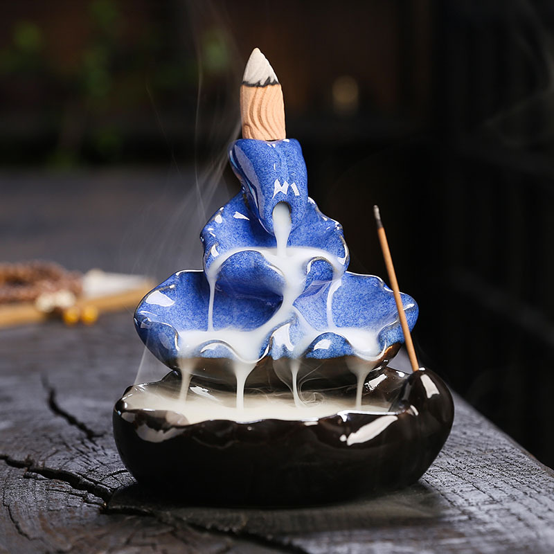 Blue Black lotus leaf Handmade Waterfall Backflow Incense Burner