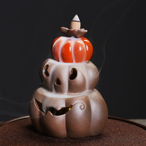 Halloween Smoke Fall Fountain Pumpkin LED Lamp Ceramic Incense Burner Holder