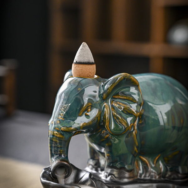 Elephant Blue Ceramic Hand-Made Incense Fountain Burner