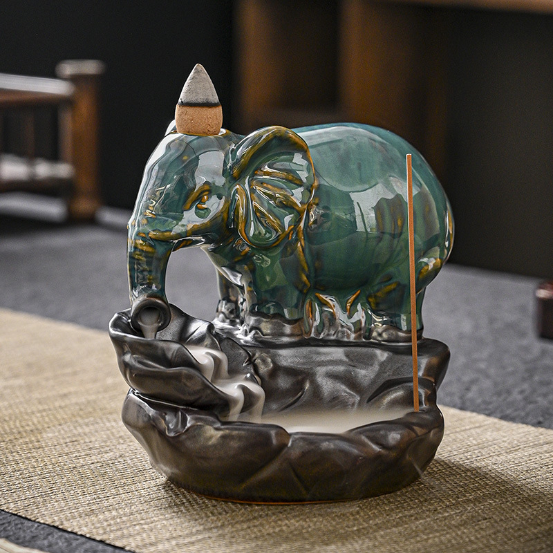 Elephant Blue Ceramic Hand-Made Incense Fountain Burner