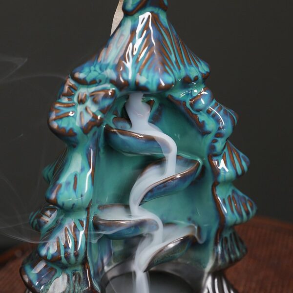 Blue Christmas Tree Ceramic Incense Waterfall Fountain Backflow Burner