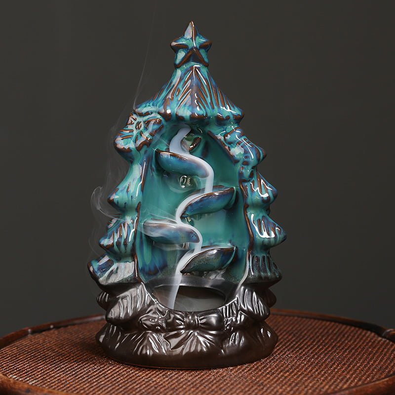 Blue Christmas Tree Ceramic Incense Waterfall Fountain Backflow Burner