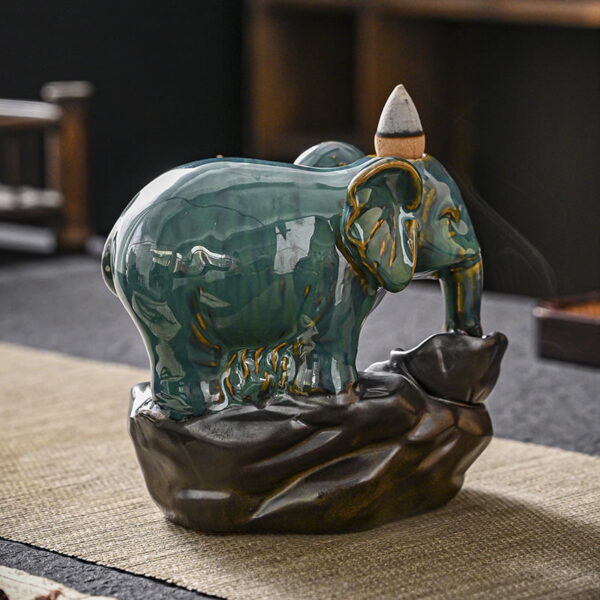 Elephant Blue Ceramic Hand-Made Incense Fountain Burner