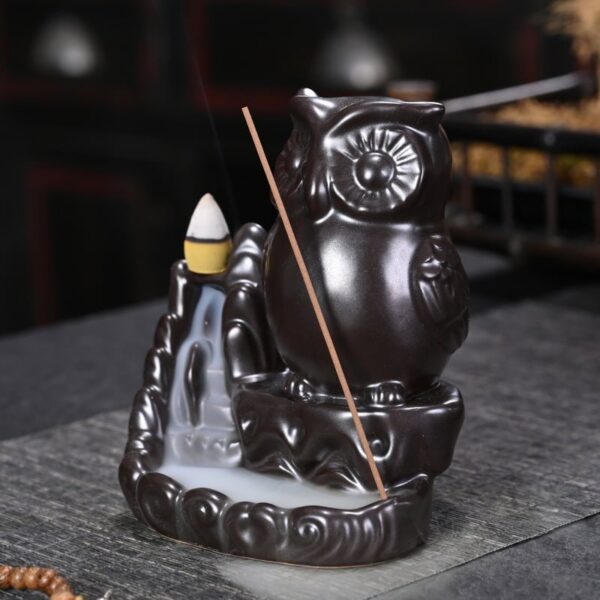 Owl Ceramic Fountain Waterfall Incense Holder