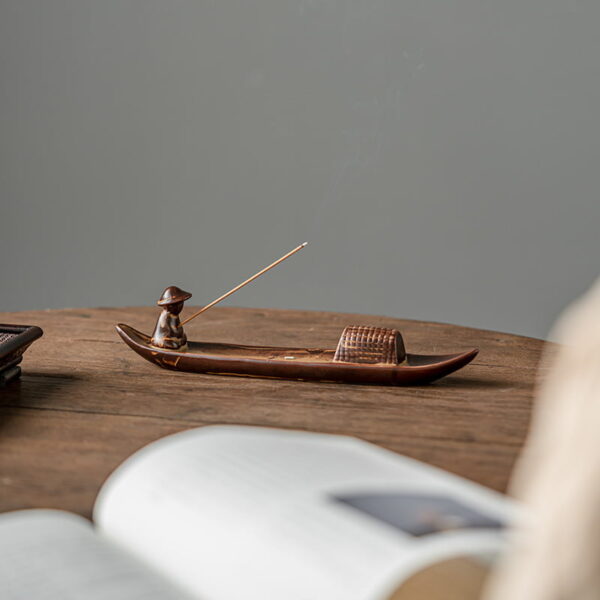 Vintage Boat Old Man Fishing Ceramic Thread Incense Insert