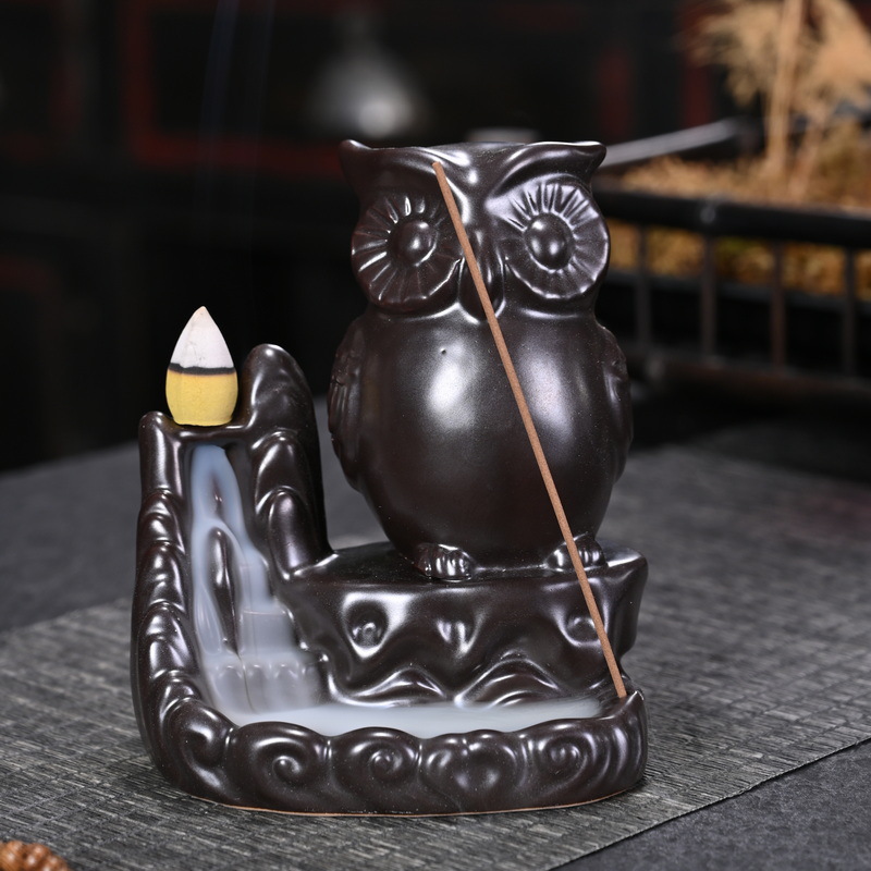 Owl Ceramic Fountain Waterfall Incense Holder