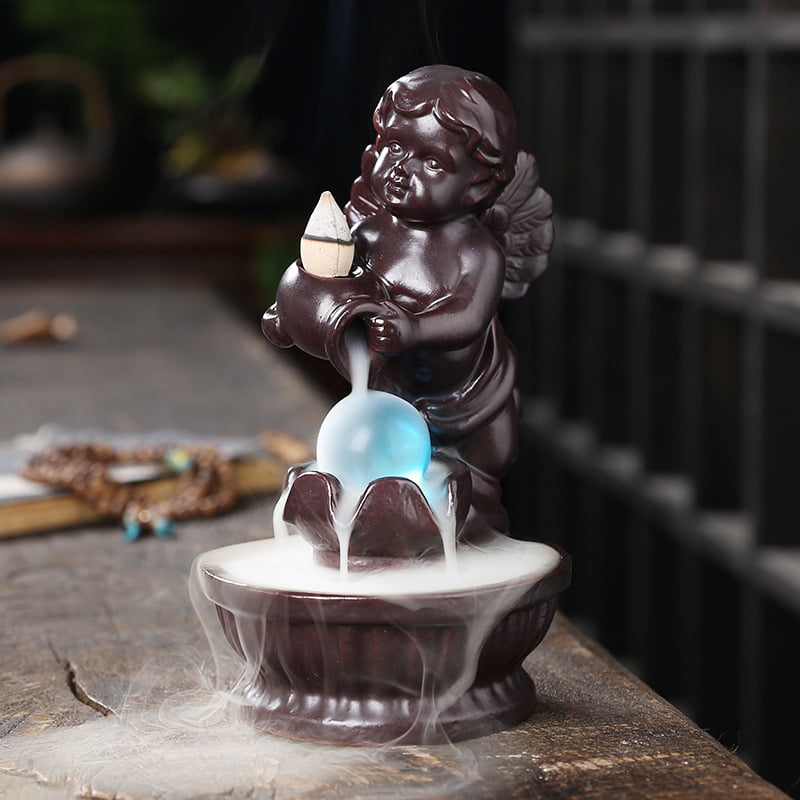Angel Boy Ceramic Water Fall Incense Holder With LED Lamp