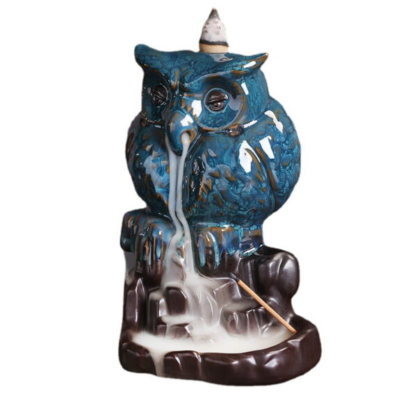 Cute Owl Blue Ceramic Waterfall Incense Holder Home Decor