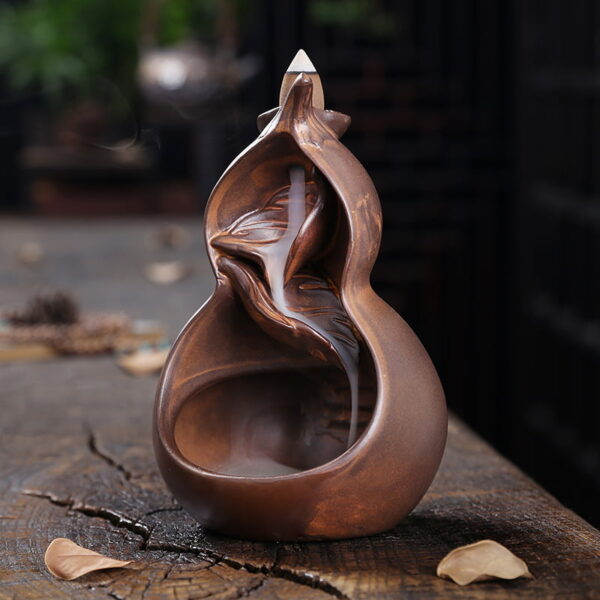 Gourd Leaf Brown Ceramic Incense Backflow Cone Holder