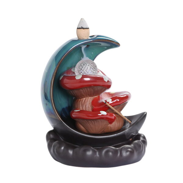 Crescent Moon Mushroom Waterfall Incense Holder With LED Lamp