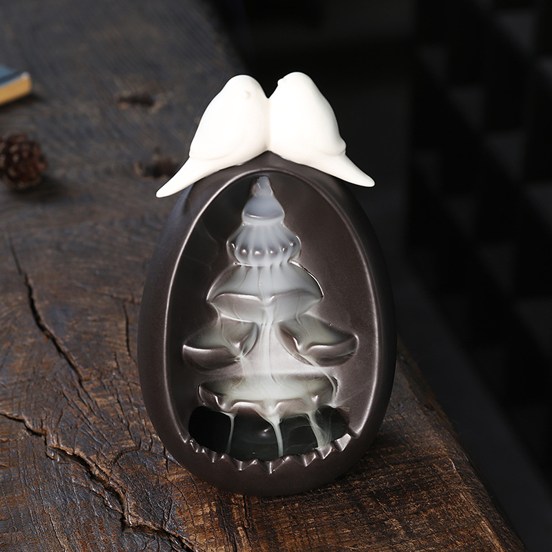 Peace White Dove Egg Ceramic Backflow Waterfall Incense Burner