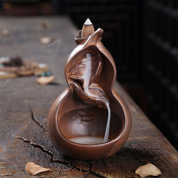 Gourd Leaf Brown Ceramic Incense Backflow Cone Holder