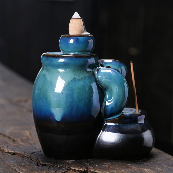 Tea Cup Blue Ceramic Waterfall Incense Burner Holder