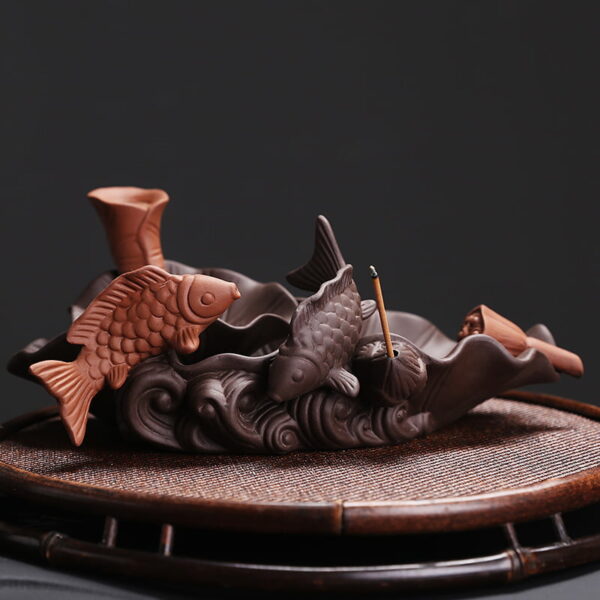 Couple Fish Lotus Ceramic Waterfall Incense Holder Burner