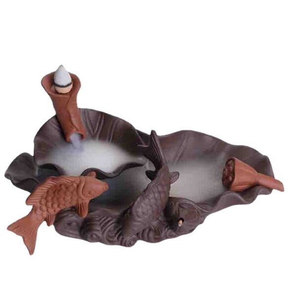 Couple Fish Lotus Ceramic Waterfall Incense Holder Burner