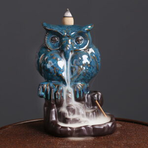 Cute Owl Blue Ceramic Waterfall Incense Holder Home Decor