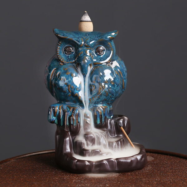 Cute Owl Blue Ceramic Waterfall Incense Holder Home Decor