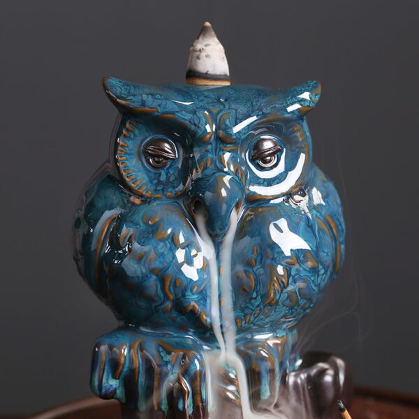 Cute Owl Blue Ceramic Waterfall Incense Holder Home Decor