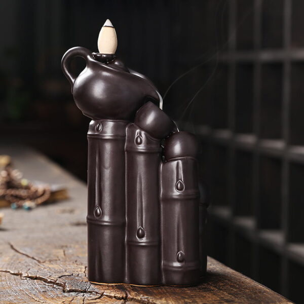 Teapot Tea Cup Bamboo Ceramic Backflow Incense Holder and Burner Waterfall