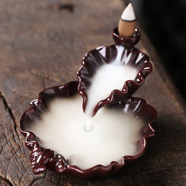 Two Lotus Leaves Brown Ceramic Incense Fountain Smoke Waterfall
