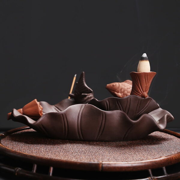 Couple Fish Lotus Ceramic Waterfall Incense Holder Burner