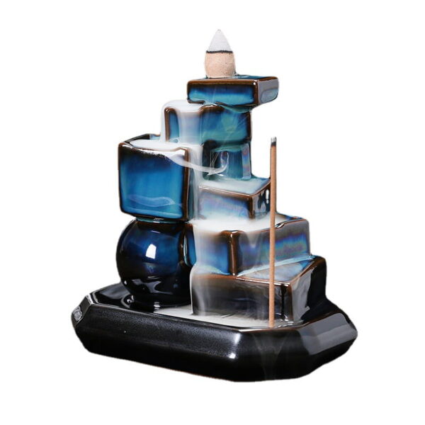 Blue Squares Ceramic Handmade Waterfall Backflow Incense Burner
