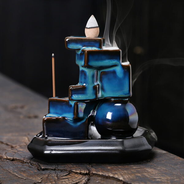 Blue Squares Ceramic Handmade Waterfall Backflow Incense Burner