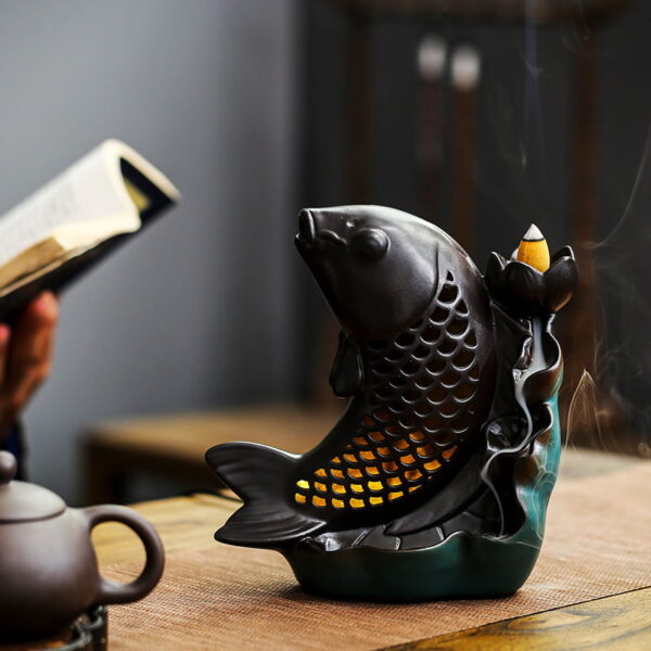 Hollow LED Fish Lotus Waterfall Back Flow Incense Holder