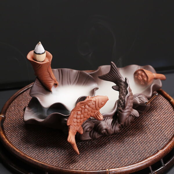 Couple Fish Lotus Ceramic Waterfall Incense Holder Burner