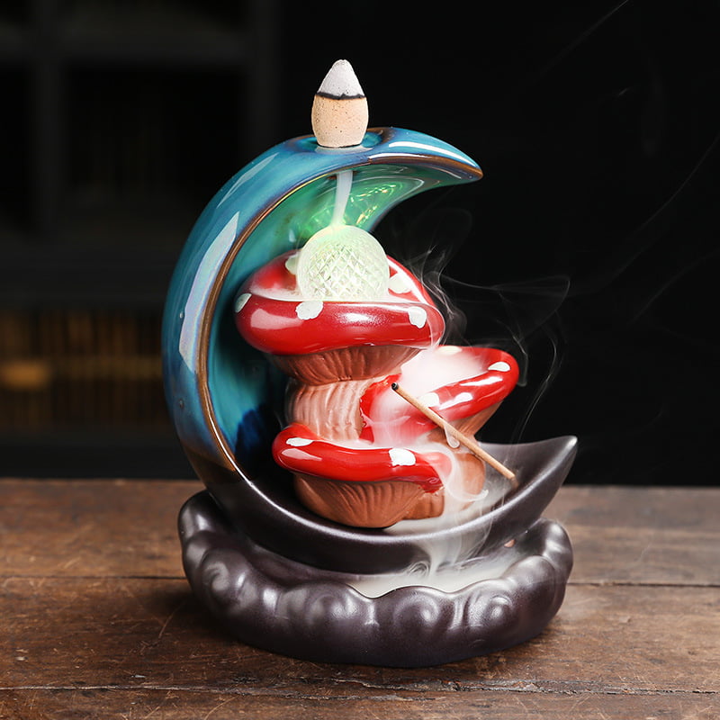 Crescent Moon Mushroom Waterfall Incense Holder With LED Lamp