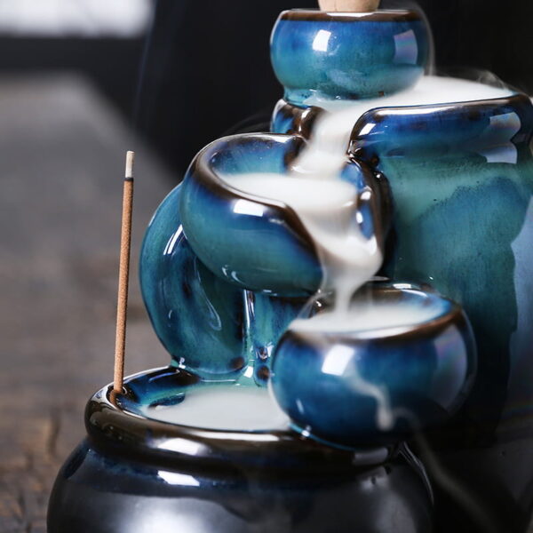 Tea Cup Blue Ceramic Waterfall Incense Burner Holder