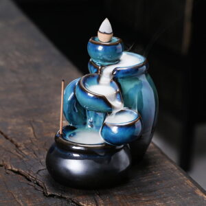 Tea Cup Blue Ceramic Waterfall Incense Burner Holder