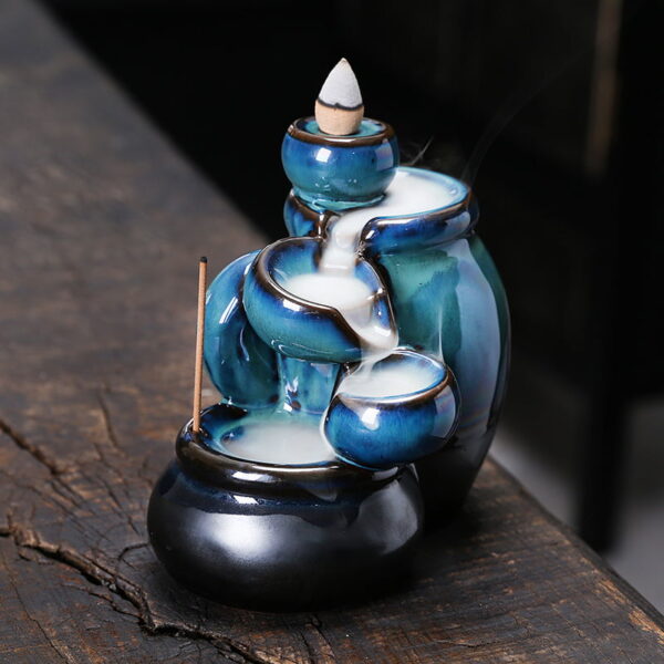 Tea Cup Blue Ceramic Waterfall Incense Burner Holder