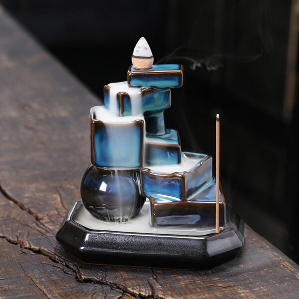 Blue Squares Ceramic Handmade Waterfall Backflow Incense Burner