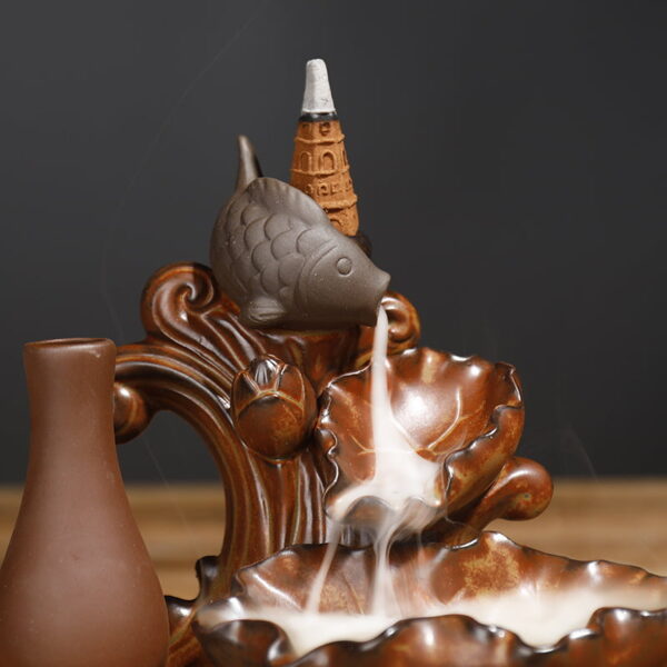 Fish Lotus Leaf With Vase Waterfall Backflow Incense Holder