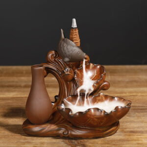 Fish Lotus Leaf With Vase Waterfall Backflow Incense Holder Fish Lotus Leaf With Vase Waterfall Backflow Incense Holder