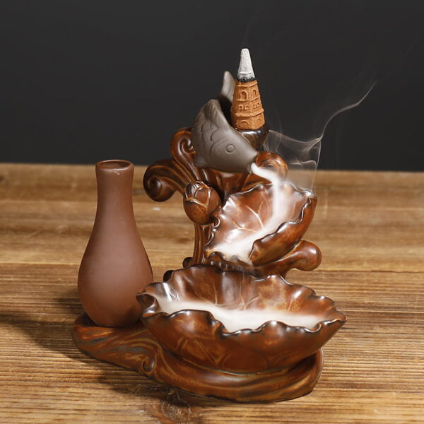 Fish Lotus Leaf With Vase Waterfall Backflow Incense Holder