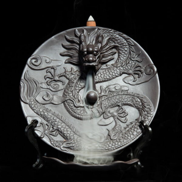 Chinese Long Dragon Disc Ceramic Backflow Stick Incense Burner