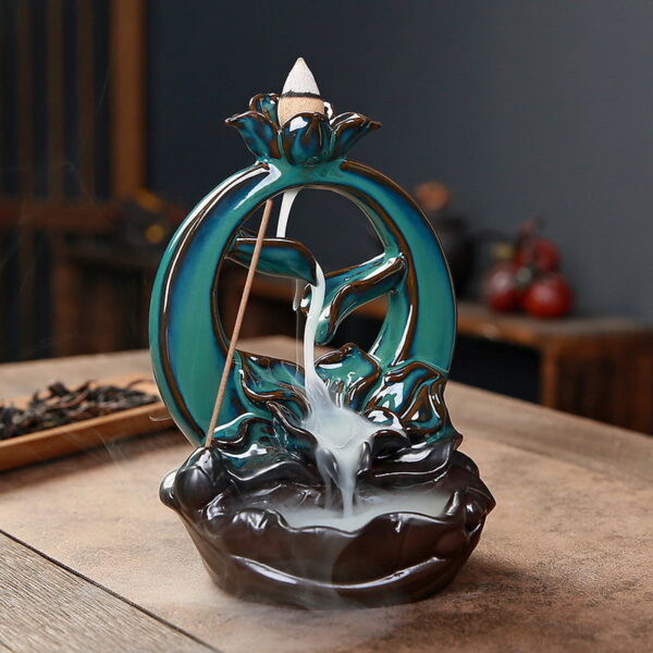 Full Moon Lotus Flower Blue Ceramic Backflow Incense Burner