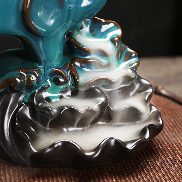 Elephant Lotus Leaf Blue Ceramic Waterfall Incense Burner Holder